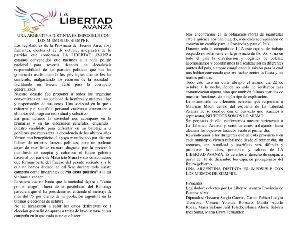 Comunicado legisladores de La Libertad Avanza