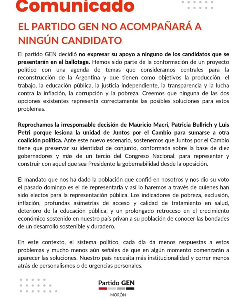 Duro comunicado del GEN contra Macri y Milei