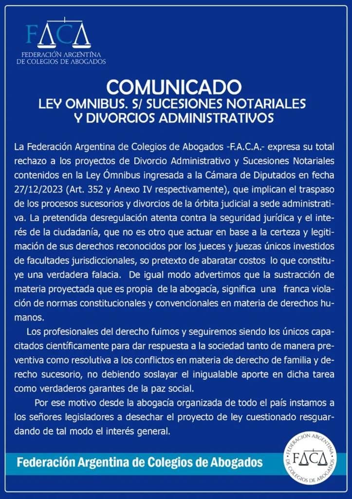 Comunicado de FACA contra las medidas de Milei