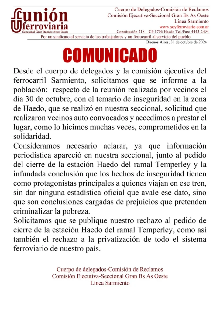 Unión Ferroviaria contra el pedido de vecinos y comerciantes sobre la llegada del tren a Haedo