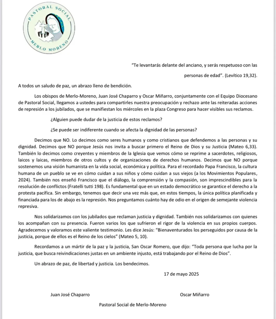 Documento del Obispado de Merlo-Moreno por la represión a jubilados