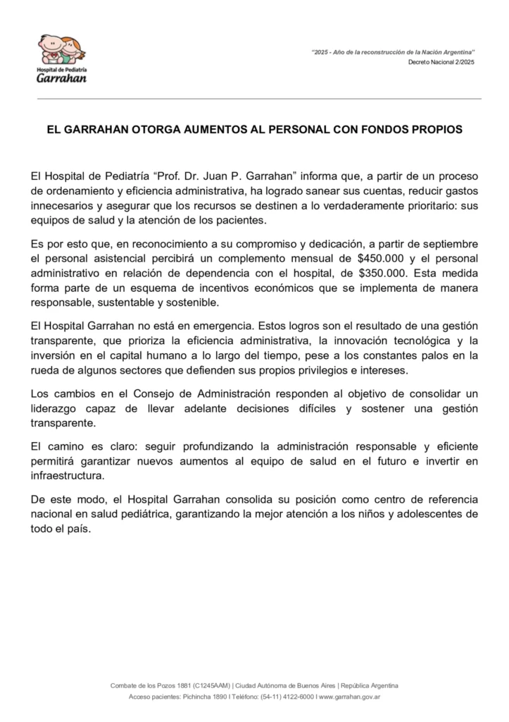 Aumento a trabajadores del hospital Garrahan