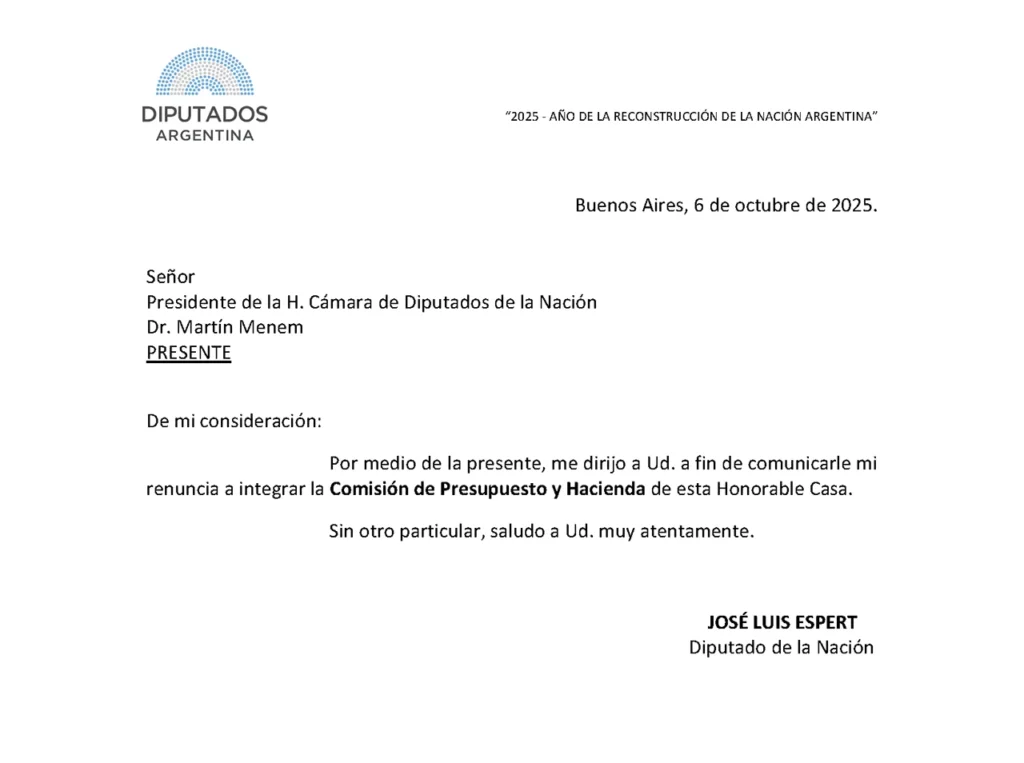 La renuncia de José Luis Espert a la comisión de Presupuesto