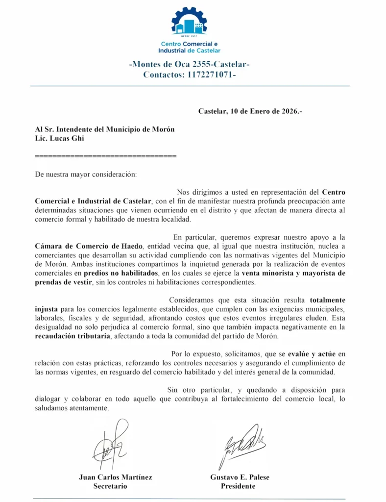 Cámara de Comercio de Castelar reclama acciones al Municipio contra la venta ilegal
