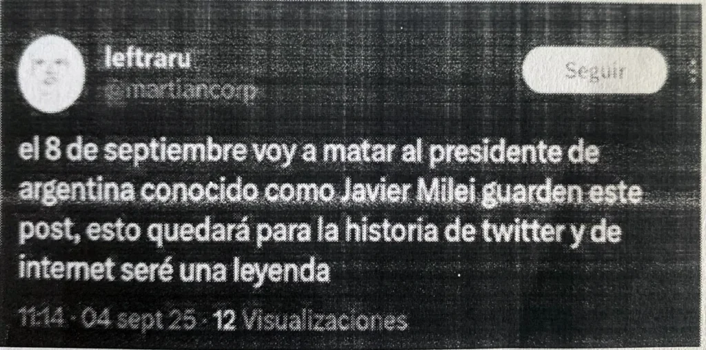 Amenaza al presidente Javier Milei