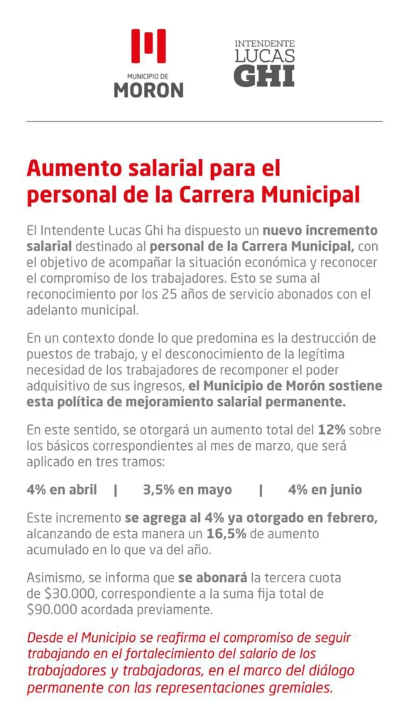 Comunicado del Municipio de Morón por aumento