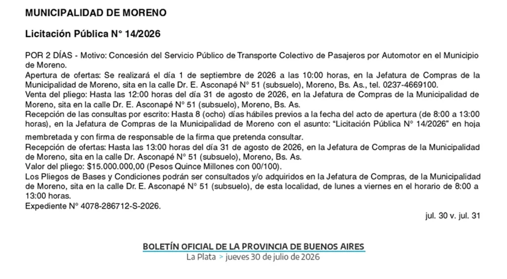 Nuevo sistema de transporte en Moreno