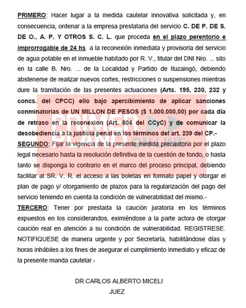 Fallo de la Justicia de Paz de Ituzaingó por suministro de agua