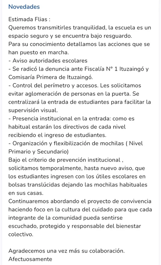 Amenaza de tiroteo en escuela de Ituzaingó