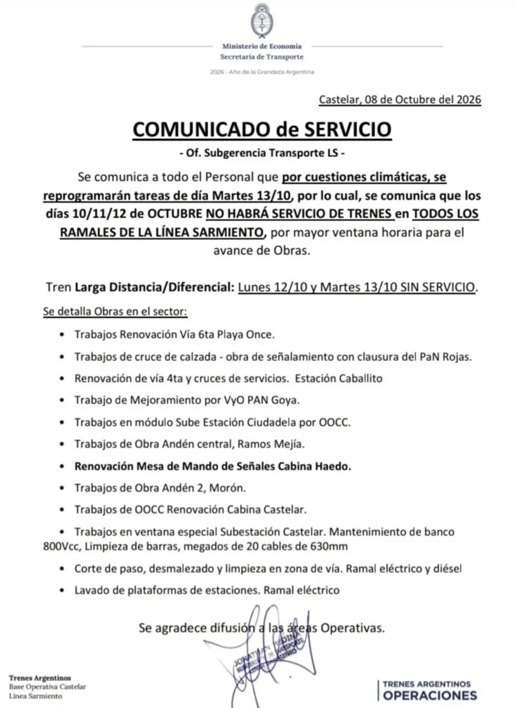 Martes 13 habrá trenes del Sarmiento